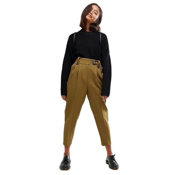 ASOS pleated tailored peg pants with tab & buckle detail in olive green - Picture 1 of 15